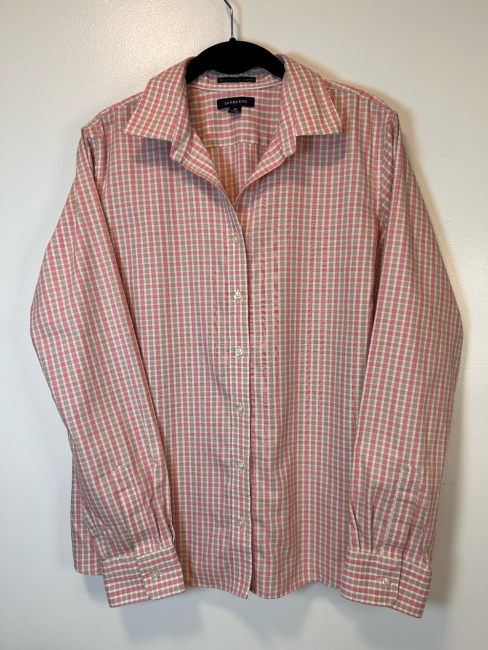 Lands' End Women's No-Iron Pinpoint Oxford Button-Down Shirt Gingham Size 14